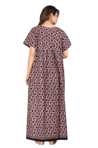 Image of Kuruti B Sheets Cotton Nighty for Women Jaipuri Print 2 Button Round Neck Short Sleeve Night Gown | Maxi Dress