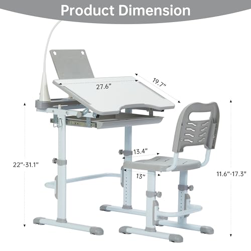 Real Relax Height Adjustable Desk and Chair, Childs School Student Sturdy Table Grey