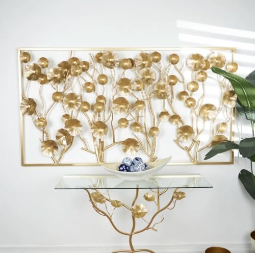 Image of ZOVE Luxury Golden Metal Wall Art for Living Room | Modern Floral Leaf Design Decorative Wall Hanging | Premium Wall Decor for Home, Bedroom, Hall, Office | Gold Finish, Large Size : 44 x 22 Inch