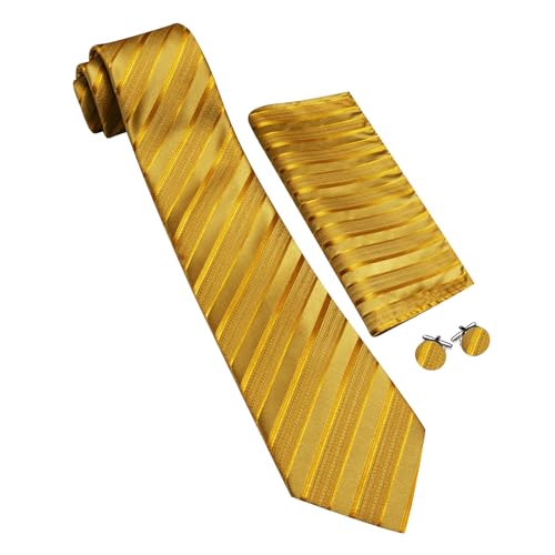 Image of Barry.Wang Tie Sets for Men Silk Stripe Necktie Woven Checkered Handkerchief Cufflinks Formal Business Wedding