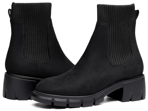 Image of Ruanyu Womens Platform Ankle Boots Elastic Chunky Block Heel Chelsea Booties Lug Sole Non-Slip Combat Shoes
