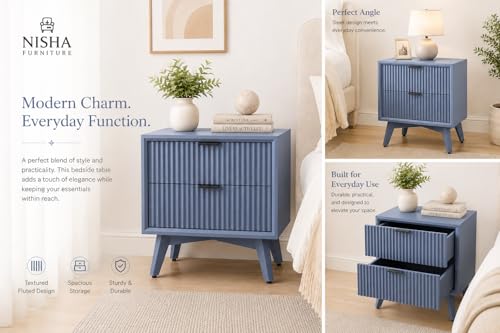 Image of Wooden Bedside Table for Bedroom | Wooden Bed Side Nightstand Lamp Table with 2 Drawers for Home & Hotels | End Side Table for Living Room | HDMR Premium Wood in Fluted- Grey Finish
