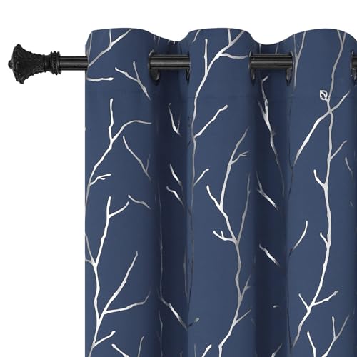 BUHUA Navy Blue Curtains, Bedroom Window Blackout Curtains 84 Inch Length, Thermal Insulated Curtains for Living Room Print Silver Tree Branches Drapes Window Treatment 2 Panels, 38Wx84L