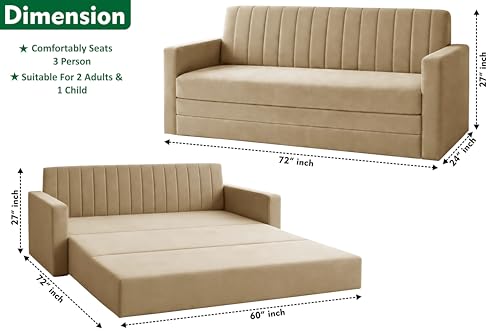 Image of Modern 3 Seater Sofa Cum Bed with Armrest, Velvet Fabric Couch for Living Room, Space Saving Foldable Sleeper Sofa, (Golden-Color)