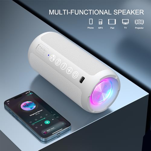 Image of Ortizan Portable Bluetooth Speaker: IPX7 Waterproof, 24W Loud Sound, Deep Bass, Bluetooth 5.3, LED Lights, Wireless Stereo Pairing, 30H Playtime, for Home /Outdoor /Party /Beach, Birthday Gift (White)