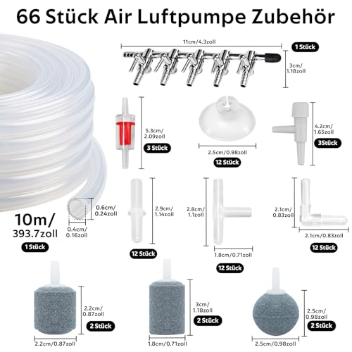 Annickee 66PCS Air Luftpumpe Zubehör, Aquarium Zubehör inkl. 5-Wege Luftverteiler, 10M Silikonschlauch, Luftstein, Rückschlagventilen, Regelbare Ventile, Saugnäpfen, I/T/L Form Anschlüssen