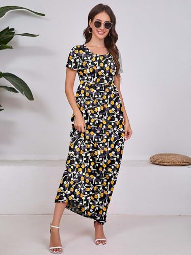 Image of DEARCASE Maxi Dress for Women Short Sleeve Casual Summer Loose Plain Comfy Long Dresses with Pockets