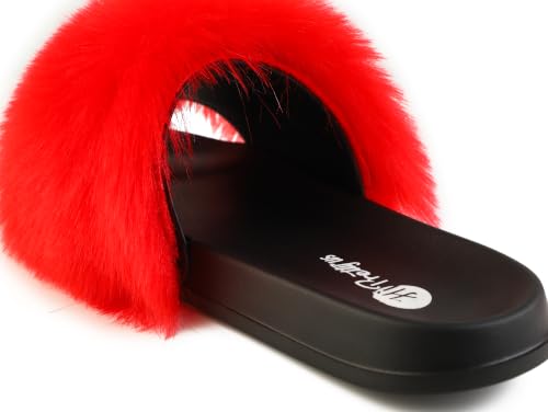 Image of Women's Faux Fur Slides, Open Toe Cute Fur Slippers, Indoor or Outdoor Comfortable Furry Slide Sandals With Fluffy Fur