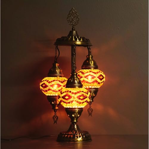 VALVELLO Lámpara Mosaico Turca de 3 Globos – Lámpara Oriental Hecha a Mano – Decoración Bohemia para Salón, Dormitorio y Oficina – Luz de Ambiente Artesanal (Naranja)