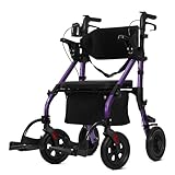 ELENKER All Terrain Rollator Walker Transport Wheelchair Combo, 2 in 1 Rolling Walker with Padded Seat and Wide Backrest, Purple