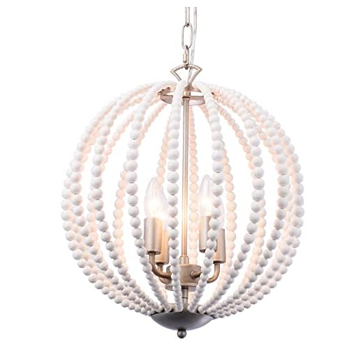 VILUXY Boho Wood Beaded Pendant Light Candle Style Globe Chandelier White Finishing for Bedroom, Kitchen Island, Girl Room 4-Light
