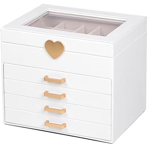 Kendal Jewelry Box, 5-Layer Jewelry Organizer Box with Glass Lid, Brass Gold and White, Heart Shaped PU Leather, Storage Box for Necklace Earrings Rings Bracelets, Gift Idea for Girls LJC4DRWH Cover
