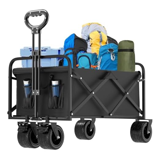 Collapsible Heavy Duty Beach Wagon Carts with Big Solid Rubber Wheels and Brakes for All Terrain, Utility Foldable Large Wagon with 400LBS Capacity for Sand, Garden, Grocery, Outdoor, Camping