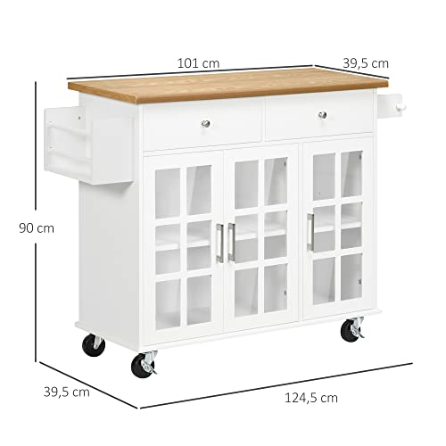 HOMCOM Carro de Cocina Isla de Cocina con Ruedas Multifuncional con 2 Cajones 3 Puertas de Vidrio Templado Toallero y Especiero 124,5x39,5x90 cm Blanco - imagen 7