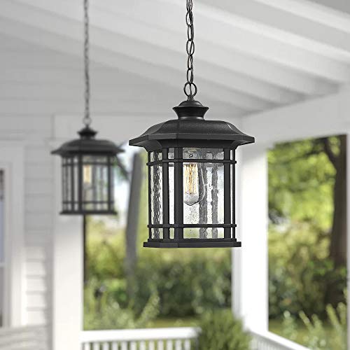 Emliviar Modern Exterior Pendant Light Lantern, 14" Outdoor Hanging Light In Black Finish With Seeded Glass, A2202110D1 #TOP4