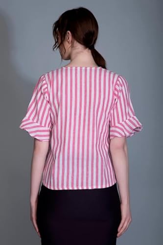 Image of Leriya Fashion Women's Western Striped V-Neck Tops | Ruffle Sleeves | Comfortable Cotton Printed Button Down Tops for Casual | Office | Travelling | Shopping Wear for Girls