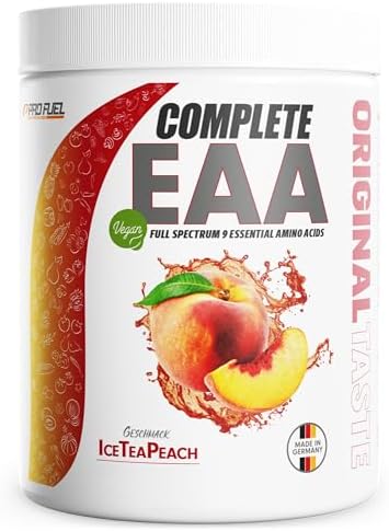 EAA Pulver 500g ICE TEA PEACH - 12.500mg essentielle Aminosäuren - unglaublich lecker & erfrischend - COMPLETE EAA mit allen 9 EAAs inkl. Histidin - EAA vegan Aminosäuren Pulver -
