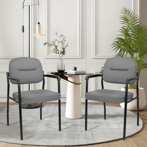 Image of CLATINA Leather Office Guest Chair Sets of 6, Reception Chair No Wheels with Armrests and Lumber Support, Ergonomic Desk Armchair for Meeting Waiting Conference Lobby Room Shool Study, Grey