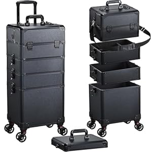 Professional 5-in-1 Vanity Case Large Makeup Case Makeup Trolley on Wheels Beauty Lockable Make Up Box Organiser Storage Hairdressing Trolley on Wheels, Black