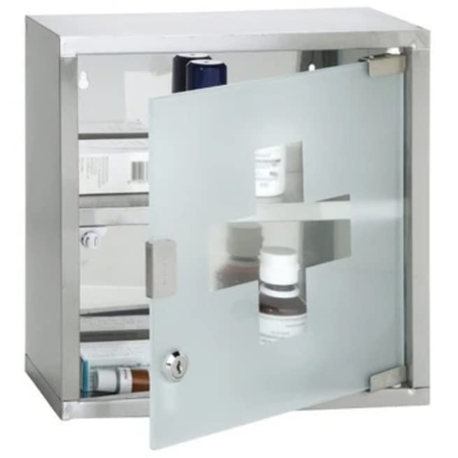 Handy Housewares Lockable Medical Cabinet, First Aid and Medicine Wall Mount Storage, Frosted Glass Door 2 Shelves and 2 Keys, 12" x 12" x 5"