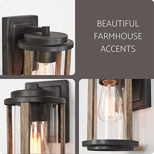 Kira Home Morrison 11" 1-Light Rustic Traditional Indoor Outdoor Weather Resistant Wall Sconce + Cylinder Glass Shade, Weathered Oak Wood Style + Textured Black Finish #TOP4