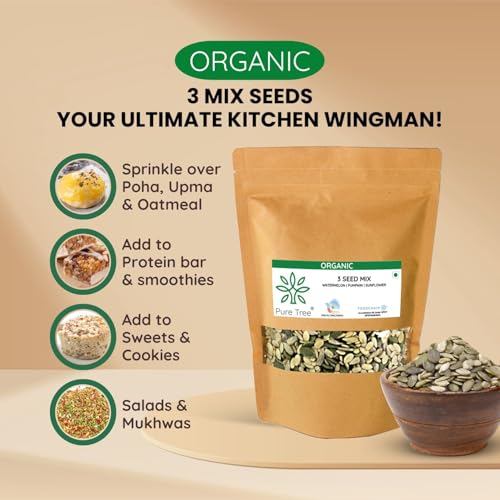 Image of Pure Tree Certified Organic Pumpkin Seeds, Sunflower Seeds, Watermelon Seeds | 850 g | Rich Source Of Magnesium | 3 Seeds Mix for Eating | Crunchy Snack, Diet Snacks, Mix In Salad