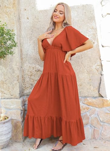 Image of Kikibell Women Summer Dresses Sexy V-Neck Maxi Dress Tiered Silhouette with Flutter Sleeve Backless Elastic Waist Flowy Dress