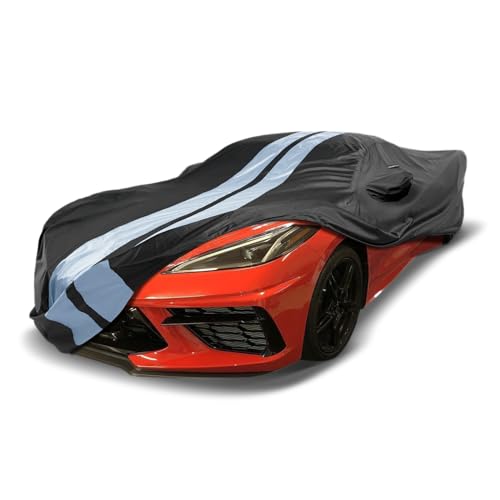 Coverland Custom Car Cover Waterproof All Weather for Chevy Corvette w/High Wing Spoiler 2020-2024, Weatherproof Car Covers for Automobiles, Rain, Snow, UV, Sun Protection, Stripe(Black/Gray)