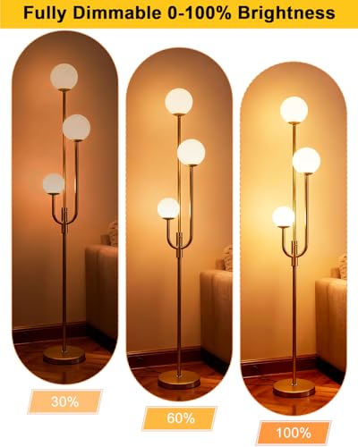Image of Lightdot 66IN Gold Globe Floor Lamp 3-Lights Vintage Gold Dimmble Floor Lamps with Bulbs Included for Wedding Party Modern Tall Standing Lamp with 5Lbs Heavy Base for Living Room /Bedroom /Sofa Beside