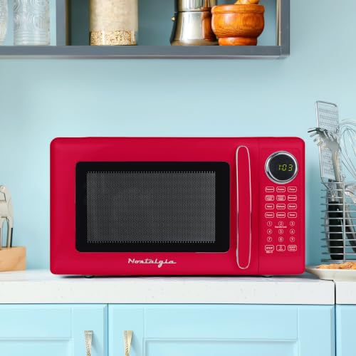 Image of Nostalgia Modern Retro Compact Countertop Microwave Oven - 0.7 Cu. Ft. - 700-Watts with LED Digital Display - Child Lock - Easy Clean Interior - Red