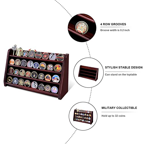ASmileIndeep 4 Rows Military Wooden Challenge Coin Display Case - Wall Mountable Army Holder Stand Rack, Holds 32 Coins, Mahogany
