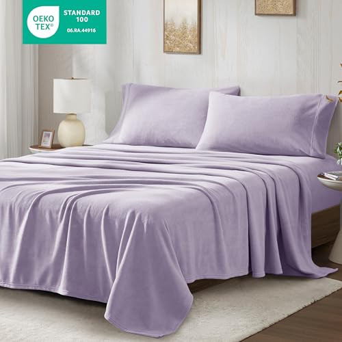 Image of True North by Sleep Philosophy Micro Fleece Bed Sheet Set, Warm, Sheets with 14 inch Deep Pocket, for Cold Season Cozy Sheet-Set, Matching Pillow Case, Twin XL, Lavender, 3 Piece