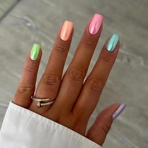24pcs Rainbow Mirror Stick-on False Nails Cover