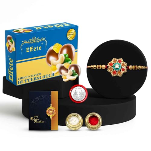 Image of DeoDap Multicolour Rakhi for Brother with 32 g Butterscotch Chocolate, Silver Colour Pooja Coin and Greeting Card for Raksha Bandhan