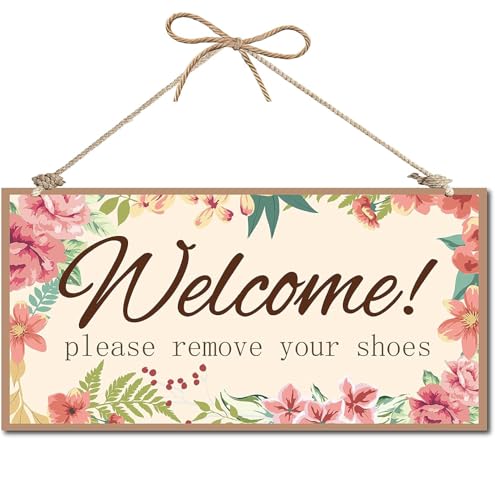 ZhuoFan Bienvenido Quítese los Zapatos Letrero de Madera Decoración Entrada de Puerta de Primavera, Cartel de Madera de Bienvenida de Madera, Nueva Decoración del Hogar Primavera Rectangular, Porche
