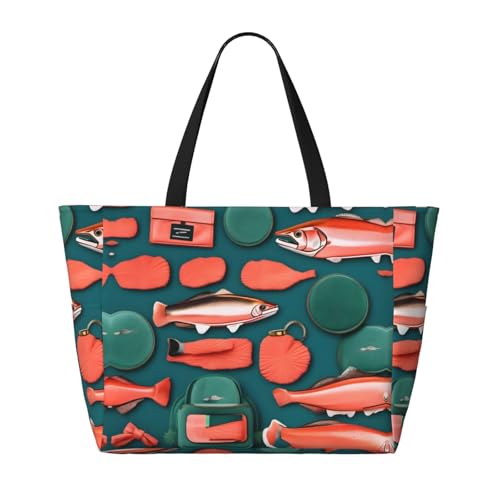 Salmon Pattern Print Waterproof Beach Bag For Womentote Bag Zipper And Pockets For Travel Vacation2