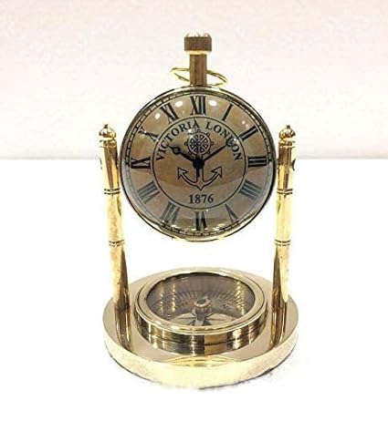 Ali Nauticals House Victoria London Old Style Full Brass & Glass, Desk Clock Working Compass is Attached to it. Vintage Desk Table Decorative. and Gifting Item (4 X 2.5 Inches)
