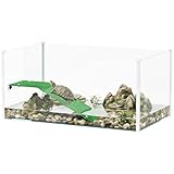 PawHut Acuario para Tortugas, Terrario de Tortugas con Plataforma y Rampa con Superficie de Césped Artificial, Vista Panorámica 360°, para Peces Pequeños, Camarones, 60x35x28 cm, Blanco