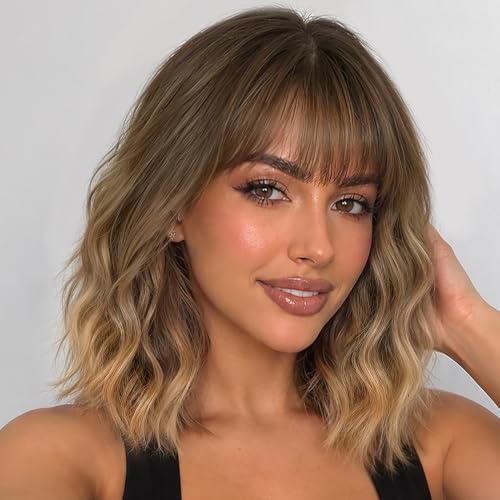 Nnzes Brown Wigs for Women 16 Inch Synthetic Short Curly Wig with Bangs