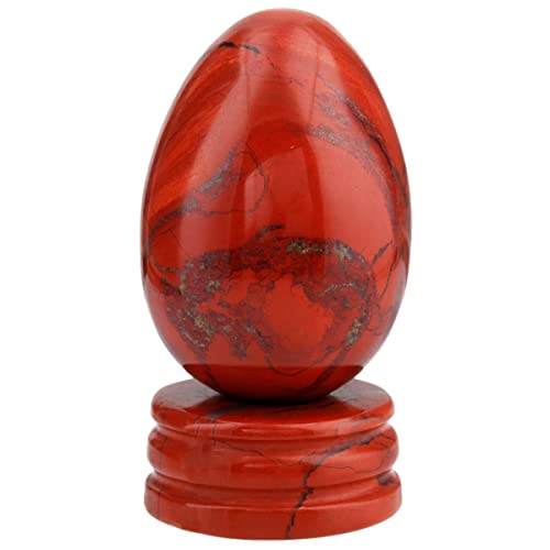 Nupuyai 4.5cm Jaspe Rouge Naturelle Pierre de Cristal en Forme d'oeuf avec Support, œuf decoratif en Pierre Semi-précieuse Polie pour Décor de Bureau et Chakra Reiki