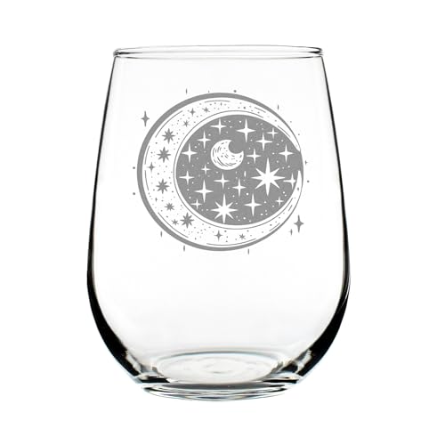 Make Your Mark Design Moon and Stars Wine Glass, Celestial Stemless Etched Night Sky Hand Engraved Tumbler, Starry Drinkware