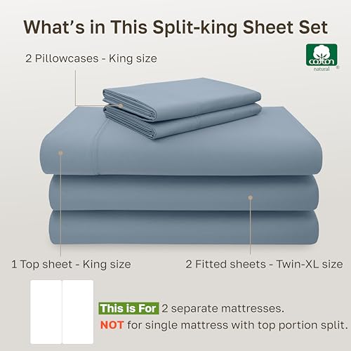 Image of California Design Den Split King Sheet Set - 100% Cotton, 600 Thread Count, Breathable Luxury King Size Sheets for Adjustable Bed, Luxury Soft Hotel-Quality Sheets with Sateen Weave - Pastel Blue