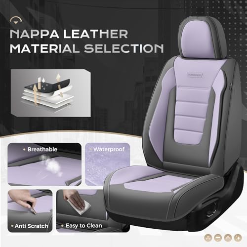 Image of Coverado Car Seat Covers Full Set, Nappa Leather Seat Covers for Cars, Car Seat Protector Car Seat Cushion, Front and Back Seat Protectors Cushions Universal Fit for Most Cars Vehicles(Gray&Purple)