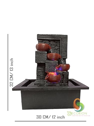 Image of Decorative Table Top Water Fountain for Home Decor /Office /Indoor & Outdoor /Garden /Puja Room /Vaastu with Multicolor LED Light and Adjustable Water Pump (Brown Diya)
