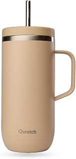 QWETCH - Cold Cup 600ml with Handle and Straw - 24 Hours Frosted and Cold 12 Hours - Linen - Insulated Stainless Steel Flask, Thermal Coffee Mug