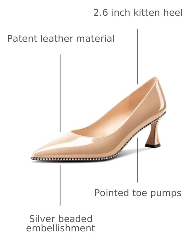 Image of TNYNFBEB Womens Kitten Heel Pointed Toe Pumps Slip-on Sliver Beaded Prom Wedding Dress Basic Classic Patent Leather Summer 2.6 Inches Heels