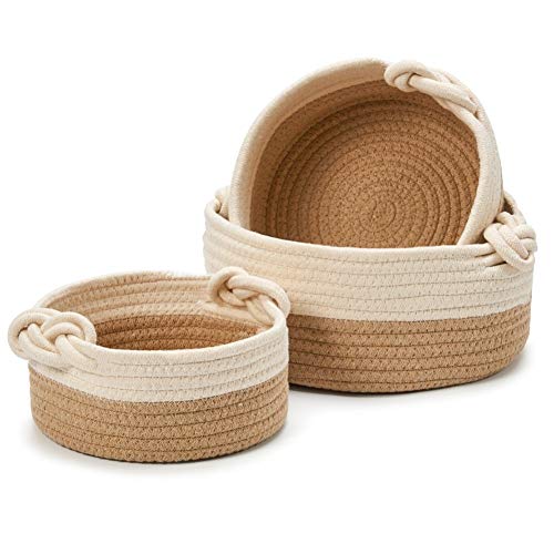EZOWare Set de 3 Cestas Decorativas de Cuerda de Algodón Natural, Cesta Organizador de Almacenaje Ideal para Pequeños Cosas en el Hogar - Marrón/Beige