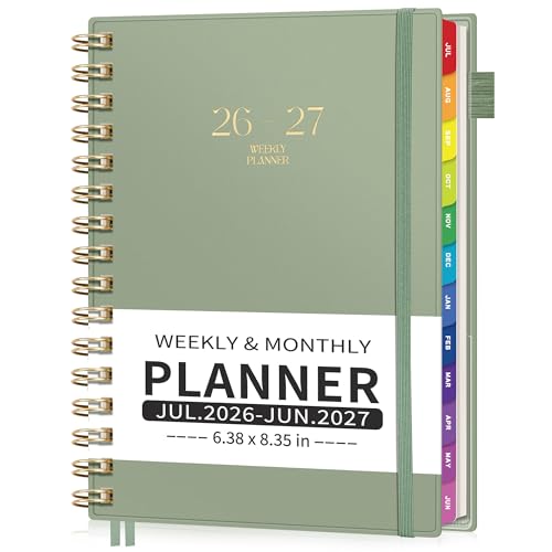 EMSHOI Academic Planner 2026-2027, Weekly and Monthly Calendar (July 2026 – June 2027), School Student Teacher Agenda Book, 100GSM Paper, PVC Cover, Colorful Tabs, A5 (6.38″ x 8.35″), Light Green