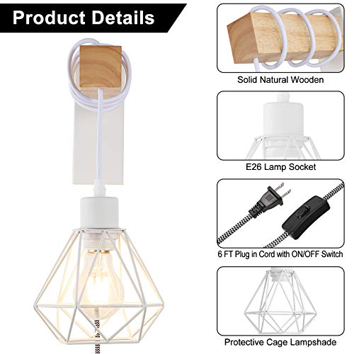 Modern Plug In Wood Cage Wall Lamp Industrial Rustic Lift Pipe - Retro Pendant Lamp Adjustable Hanging Wall Mount Lights Fixture - Wall Sconces Decoration For Indoor Living Room Kids Bedroom (White) #TOP2