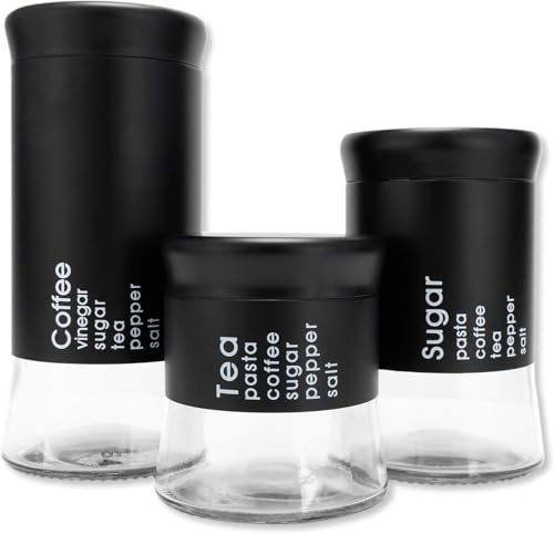 Image of Black Glass Food Storage Airtight Tea Coffee Sugar containers for 850ml,550ml,350ml Kitchen Storage Container with Lid for Tea Coffee & Sugar, Dry Fruit Jars, Storage Box, Set of 3 (3, mt-15)